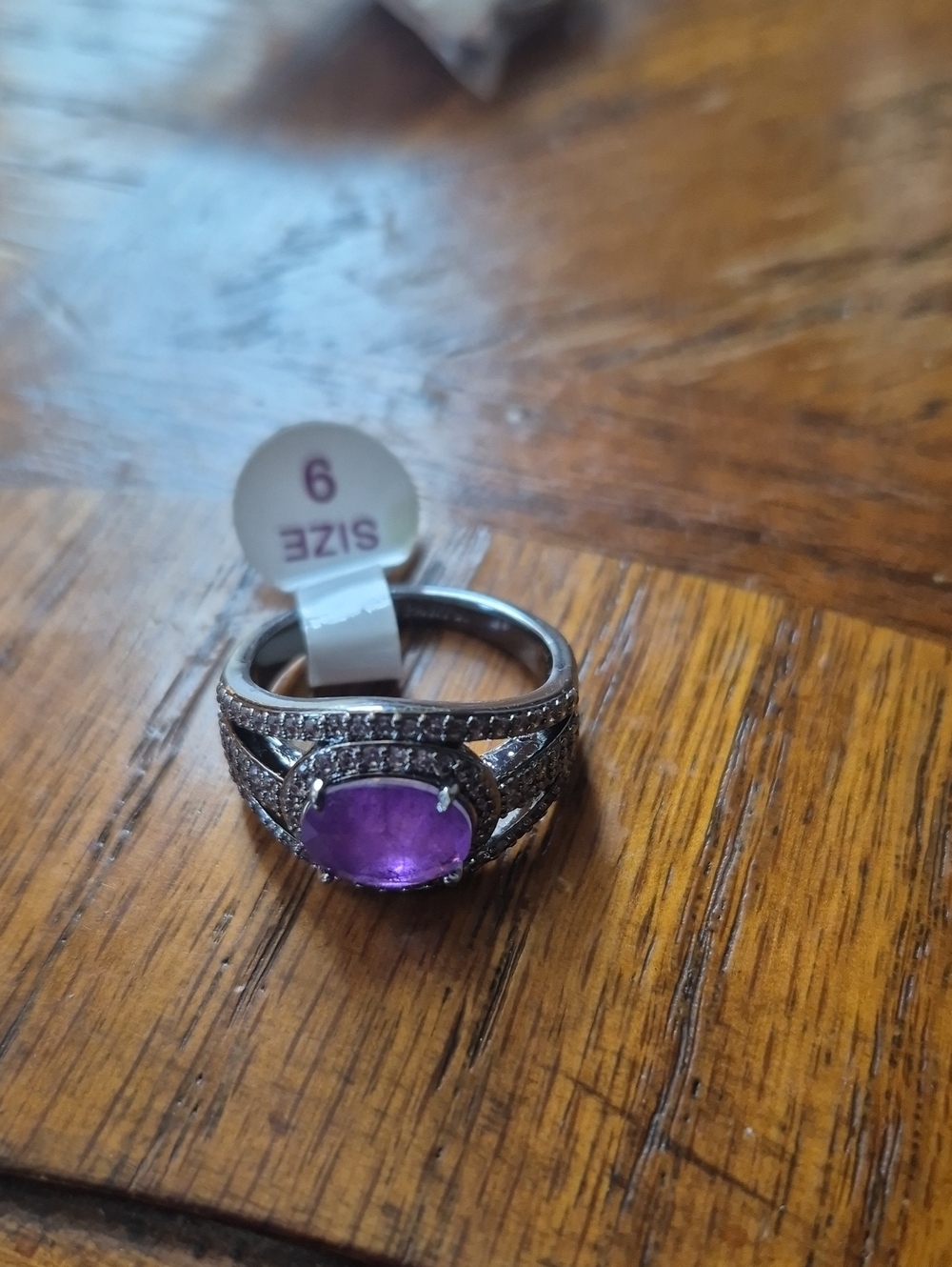 Purple Oval Statement Ring with Sparkling Accents - Size 9